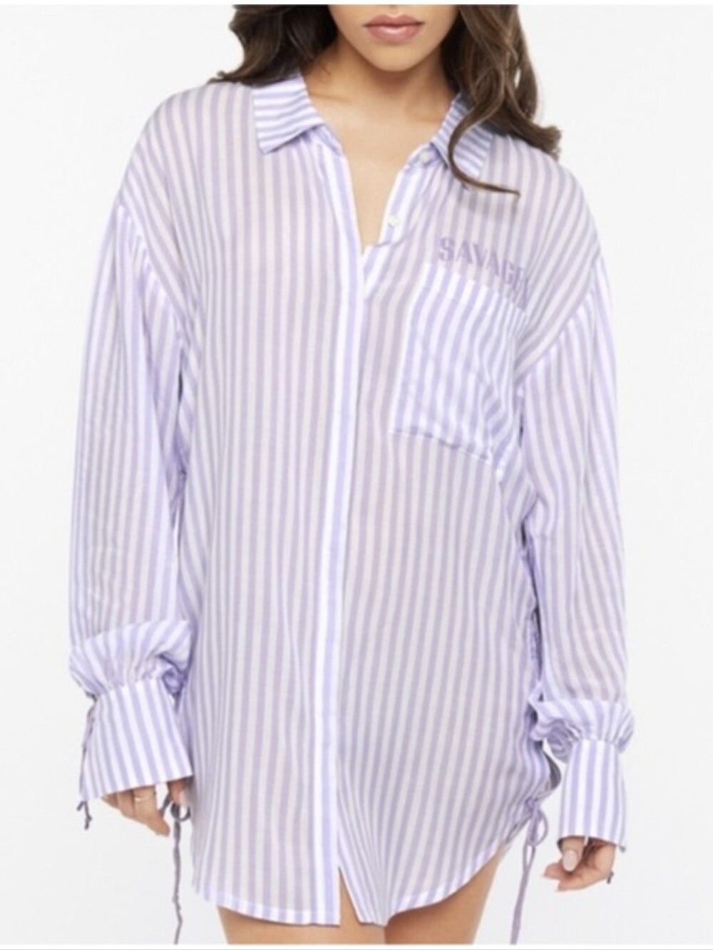Savage X Fenty Coastal Stripe Woven Voile Sleep Long-Sleeve Sleep Shirt, Sz XS